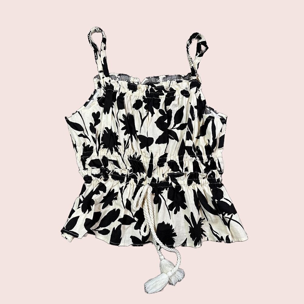 MOON RIVER Women's Floral Print Ruffle Tassel Shirred Tiered Top Black & White M